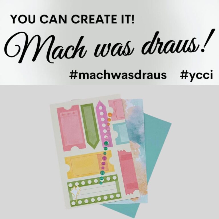 Bunte Papierausschnitte mit Etiketten, Tickets und Formen auf einem hellblauen Umschlag; darüber der Text "Du kannst es schaffen! Mach was draus!" Feiern Sie Kreativität mit #machwasdraus, #ycci und Mach was draus am 26. Februar.