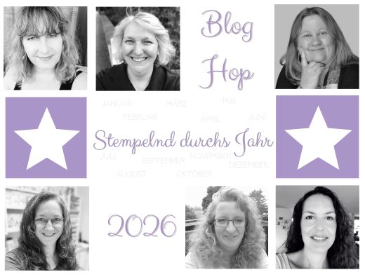 Collage aus sechs Frauenporträts in Schwarz-Weiß, die den Text umgeben: "Blog Hop Stempelnd durchs Jahr 2026" mit pastellfarbenen Sternen, Monaten und einem Ausverkauf - Lieblingsstücke Highlight in der Mitte.