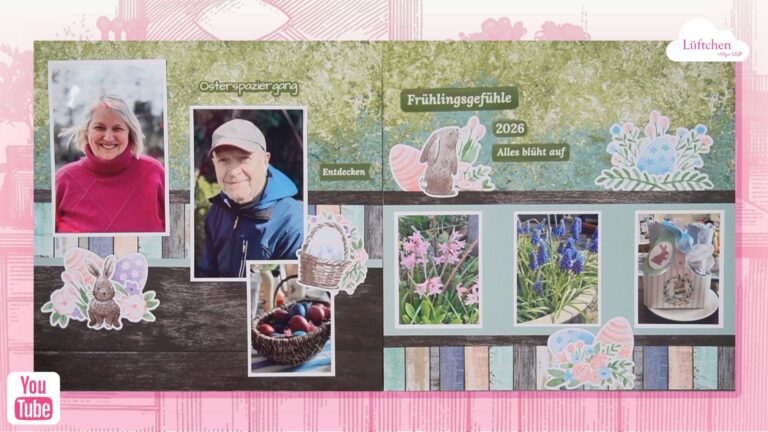 Eine Scrapbooking-Seite ohne Stempeln zeigt Fotoalbenseiten mit Bildern von Anja und ihrem Mann einem Korb mit Eiern und Frühlingsblumen, verziert mit Häschen- und Blumenstickern sowie deutschem Frühlings-Text.