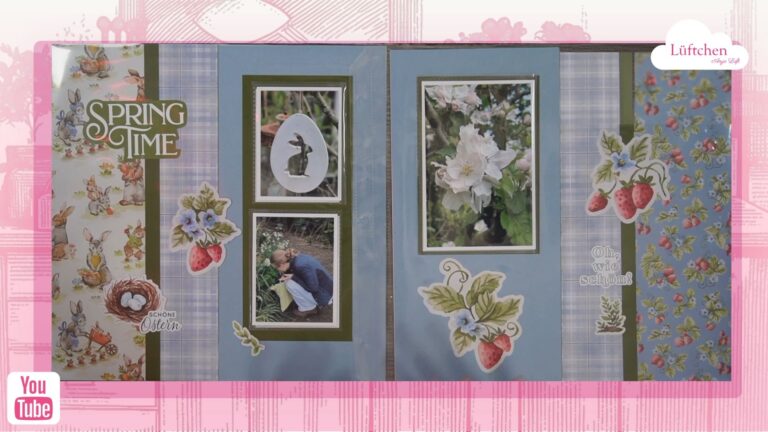Ein Scrapbook ohne Stempeln-Layout mit blauem und kariertem Hintergrund zeigt Fotos von Blumen, eine Person bei der Gartenarbeit, eine Hasendekoration und frühlingshafte Sticker mit Erdbeeren und floralen Akzenten.
