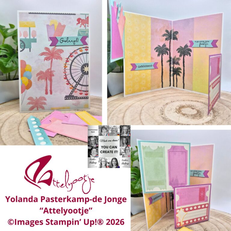 Handgemachte Grußkarten mit bunten, geschichteten Papierdesigns mit Palmen, einem Riesenrad und einzigartigen Verzierungen - erstellt für Mach was draus März 26. Branding und Urheberrechtsangaben sind enthalten.