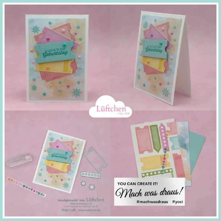 Collage mit handgemachten pastellfarbenen Geburtstagskarten mit geschichteten Papierformen, dekorativen Punkten und gestanzten Verzierungen, inspiriert von Mach was draus 26. Februar, plus Bastelmaterial und einem handgeschriebenen Etikett.