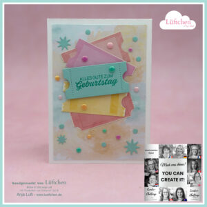 Eine handgefertigte Geburtstagskarte mit geschichtetem Pastellpapier, bunten Emaillepunkten und dem deutschen Gruß "Alles Gute zum Geburtstag" auf einem blauen Banner - ein Teil von Mach was draus 26. Februar - wurde mit Branding- und Erstellerfotos präsentiert.