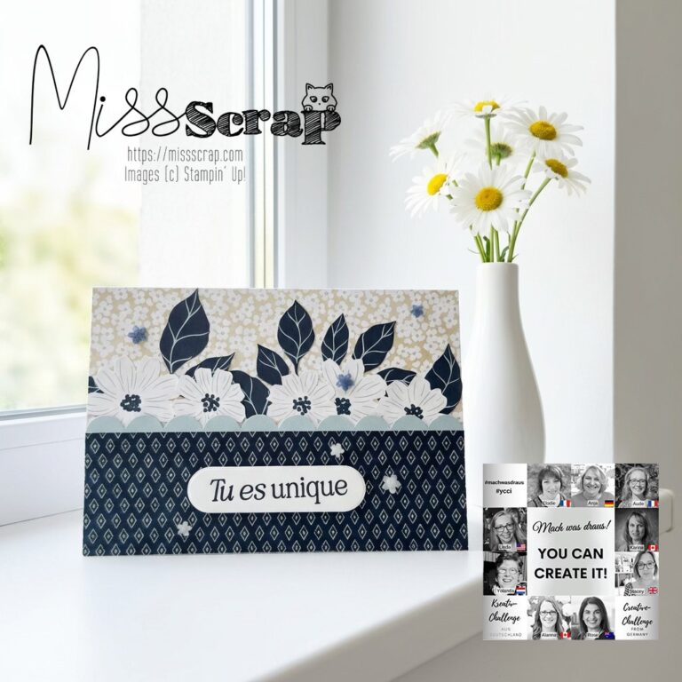 Eine handgefertigte Karte mit floralen und geometrischen Mustern und der Aufschrift "Tu es unique" steht auf einem Tisch neben einer Vase mit Gänseblümchen, inspiriert von Mach was draus am 26. April. In der rechten unteren Ecke befindet sich eine Collage aus Schwarz-Weiß-Porträts.