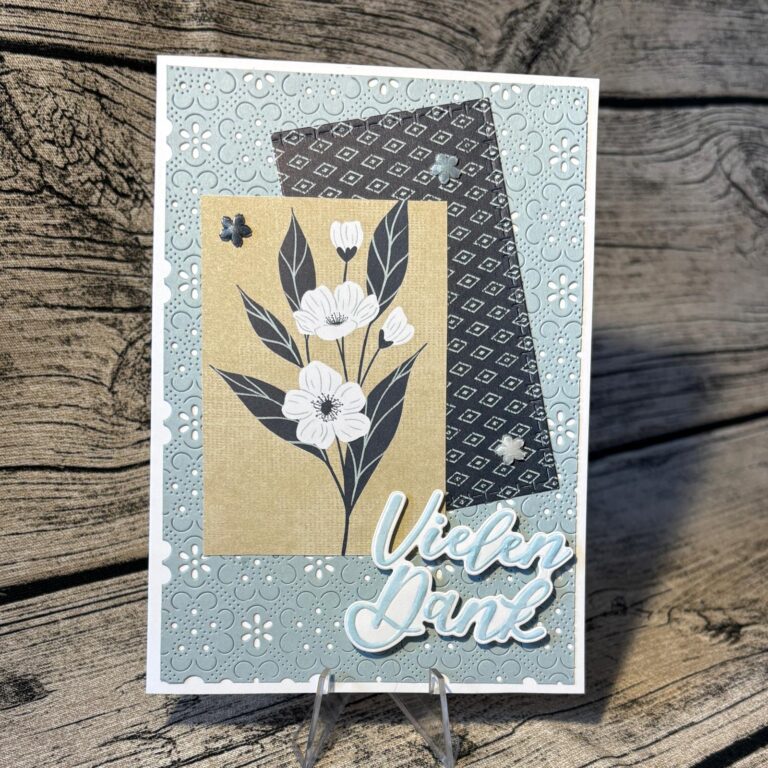 Eine handgefertigte Karte mit floralen und geometrischen Mustern, die für Mach erstellt wurde, wurde am 26. April draus, mit den deutschen Worten "Vielen Dank" in erhabenen Buchstaben unten rechts.