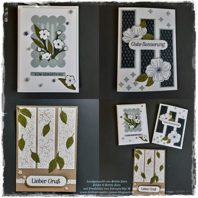 Am 26. April wurde eine Collage mit handgefertigten Grußkarten für Mach draus, die florale Motive, geometrische Hintergründe und deutsche Botschaften für Geburtstage, Glückwünsche und Grüße zeigen.