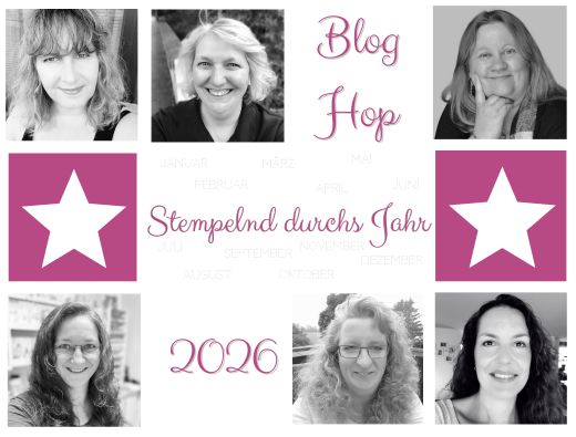 Eine Collage aus sechs Schwarz-Weiß-Porträts von Frauen umgibt den Text "Blog Hop Stempelnd durchs Jahr 2026". Im Hintergrund sind Sternsymbole, Monate und ein Hinweis auf Neue Produkte - Mai 2026 zu sehen.