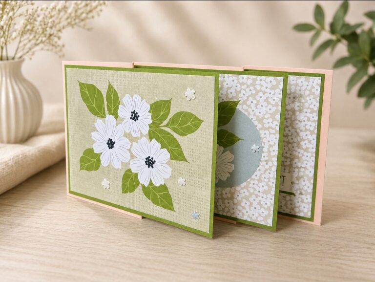 Eine handgefertigte Karte mit weißen Blumen und grünen Blättern auf der Vorderseite, die teilweise geöffnet auf einer hellen Holzfläche neben einer Vase und einer Pflanze steht - die perfekte Inspiration für Ihre nächste Mach war die Kreation von Draus am 26. April.