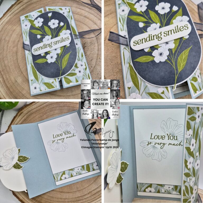 Handgefertigte Blumengrußkarte von Mach wurde am 26. April draus, mit "sending smiles" auf dem Umschlag und "Love you so very much" innen, offen und geschlossen auf einer Holzoberfläche dargestellt.