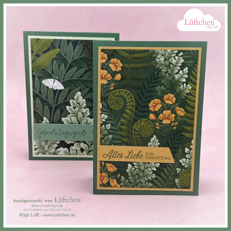 Zwei handgefertigte Grußkarten mit grünen botanischen Motiven, die für eine Neue InColors - Farbchallenge erstellt wurden - eine Karte zeigt einen Schmetterling, die andere orangefarbene Blumen und deutsche Geburtstagsgrüße.