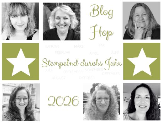 Collage von sechs lächelnden Frauen in schwarz-weiß, mit grünen Sternen und dem Text "Blog Hop, Stempelnd durchs Jahr 2026", sowie einer schwachen Monatsauflistung im Hintergrund - perfekt für die Neue InColors - Farbchallenge!.