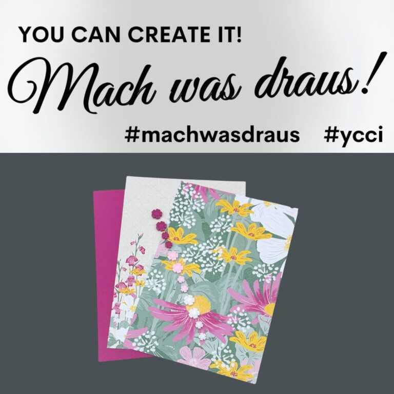Zwei Grußkarten mit Blumenmotiven, eine mit rosa Hintergrund und eine mit einem bunten Blumenmuster, darunter ein Text auf Englisch und Deutsch, der zur Kreativität anregt. Perfekt für „Mach was draus“ am 26. Mai! Hashtags #machwasdraus und #ycci.