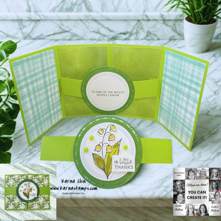 Eine handgefertigte, grün-weiße Dankeskarte im Ziehharmonika-Falz mit Blumenmotiven, karierten Feldern und der runden Aufschrift „a little thanks“, die für „Mach war draus“ am 26. Juni entworfen wurde – abgebildet in geöffneter und geschlossener Form.