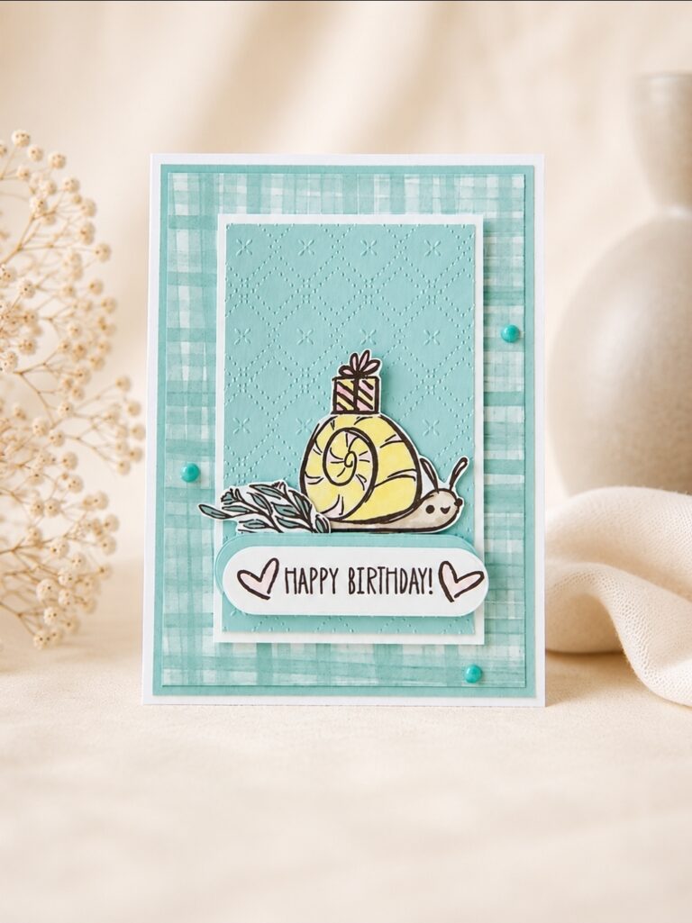 Eine von Mach inspirierte, handgefertigte Geburtstagskarte, die am 26. Juni von draus entworfen wurde und eine Schnecke mit einem Geschenk auf ihrem Haus, den Schriftzug „Happy Birthday!“ sowie einen blau karierten Hintergrund mit strukturierten und dekorativen Elementen zeigt.