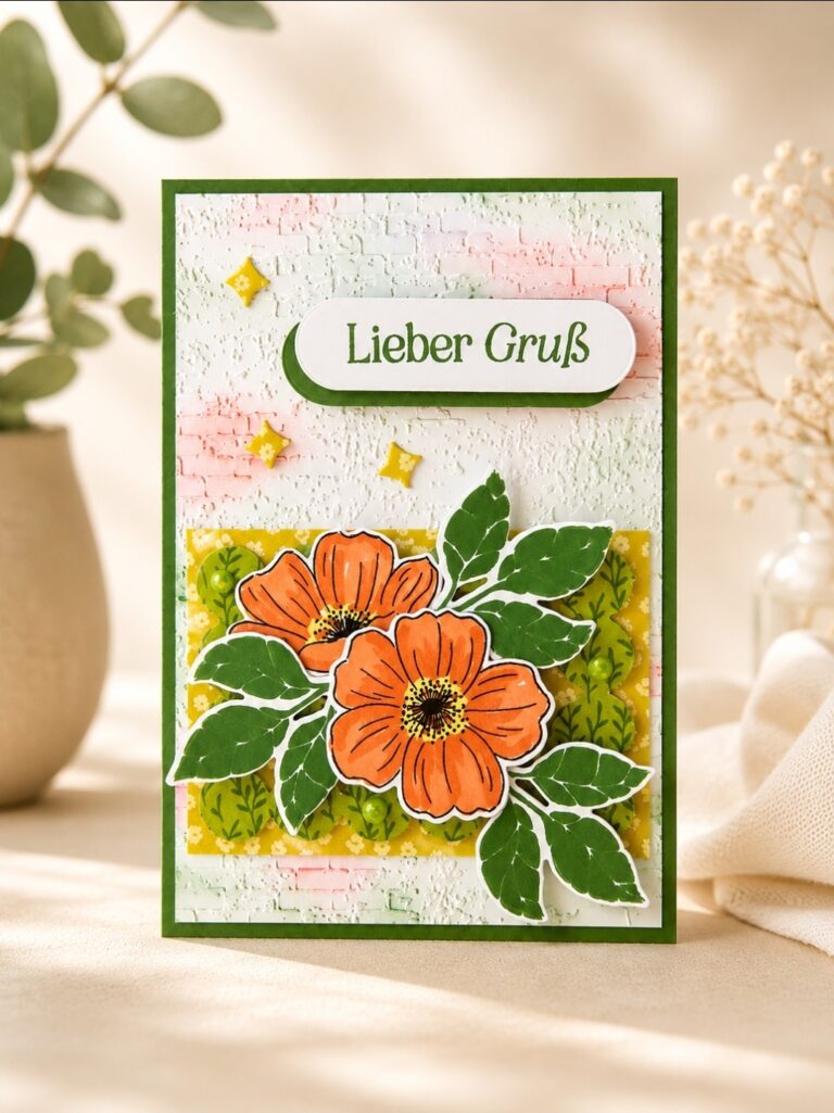 Eine Grußkarte mit dem Schriftzug „Lieber Gruß“, orangefarbenen Blumen und grünen Blättern auf strukturiertem Hintergrund, entworfen für „Mach war draus“ am 26. Juni, umrahmt von einer Dekoration in neutralen Farben.