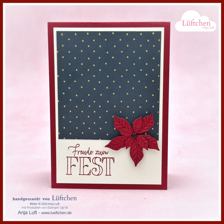 Handgefertigte Weihnachtskarte mit einem schwarz-golden gepunkteten Feld, einer roten Weihnachtsstern-Verzierung und dem Schriftzug „Freude zum FEST“ auf weißem Hintergrund – die perfekte Inspiration für jedes Projekt im Rahmen der „Neue InColors – Farbchallenge“.