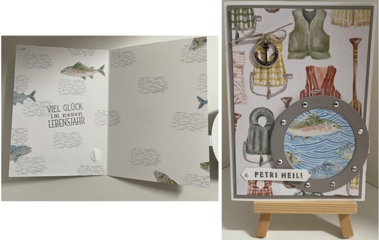 Handgefertigte Geburtstagskarte zum Thema Angeln mit Fischillustrationen, maritimen Elementen und deutschem Text – Teil der „Mach was draus“-Challenge vom 26. Juli – abgebildet in geöffneter und geschlossener Form auf einer kleinen Holzstaffelei.