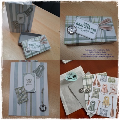 Vier Fotos von handgemachten Geburtstagskarten und Geschenkverpackungen mit deutschen Texten, maritimen Motiven und Karomustern, verziert mit Ankern, Rudern und Anhängern – perfekte Inspiration aus „Mach was draus Juli 26“.