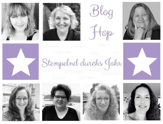Eine Collage aus acht Schwarz-Weiß-Porträts von Frauen, die um einen deutschen Text und violette Sterne angeordnet sind und für die Veranstaltung „Stempelnd durchs Jahr – Geburtstag Blog Hop“ werben.
