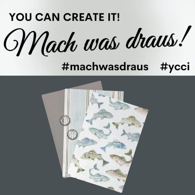 Auf grauem Hintergrund sind zwei gemusterte und verzierte Notizbücher zu sehen, darüber steht der Text „Du kannst es gestalten! Mach was draus!“ – eine Einladung, deine Kreativität für „Mach was draus“ am 26. Juli zu entfalten. Die Hashtags #machwasdraus und #ycci runden das inspirierende Bild ab.