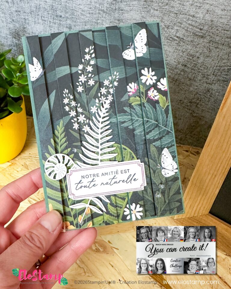Eine Hand hält eine handgefertigte Karte mit Blumen- und Blattmotiven, französischem Text und einem Schmetterling; darunter ist ein Informationsblatt mit Porträts und der Aufschrift „Du kannst es schaffen!“ zu sehen, das das Thema „Mach war draus“ vom 26. August zeigt.