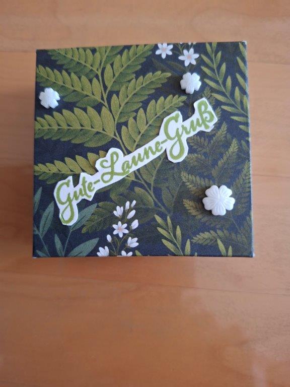 Eine dekorative Schachtel mit grünen Blättern, weißen Blüten und der Aufschrift „Gute-Laune-Gruß“ auf dem Deckel, platziert auf einer Holzunterlage – perfekt für dein „Mach was draus“-Projekt am 26. August.