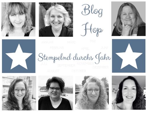 Eine Collage aus acht Schwarz-Weiß-Fotos von Frauen mit zwei weißen Sternen auf blauem Hintergrund und dem deutschen Text „Blog Hop Stempelnd durchs Jahr – neuer Herbst-Winter-Katalog 26“.