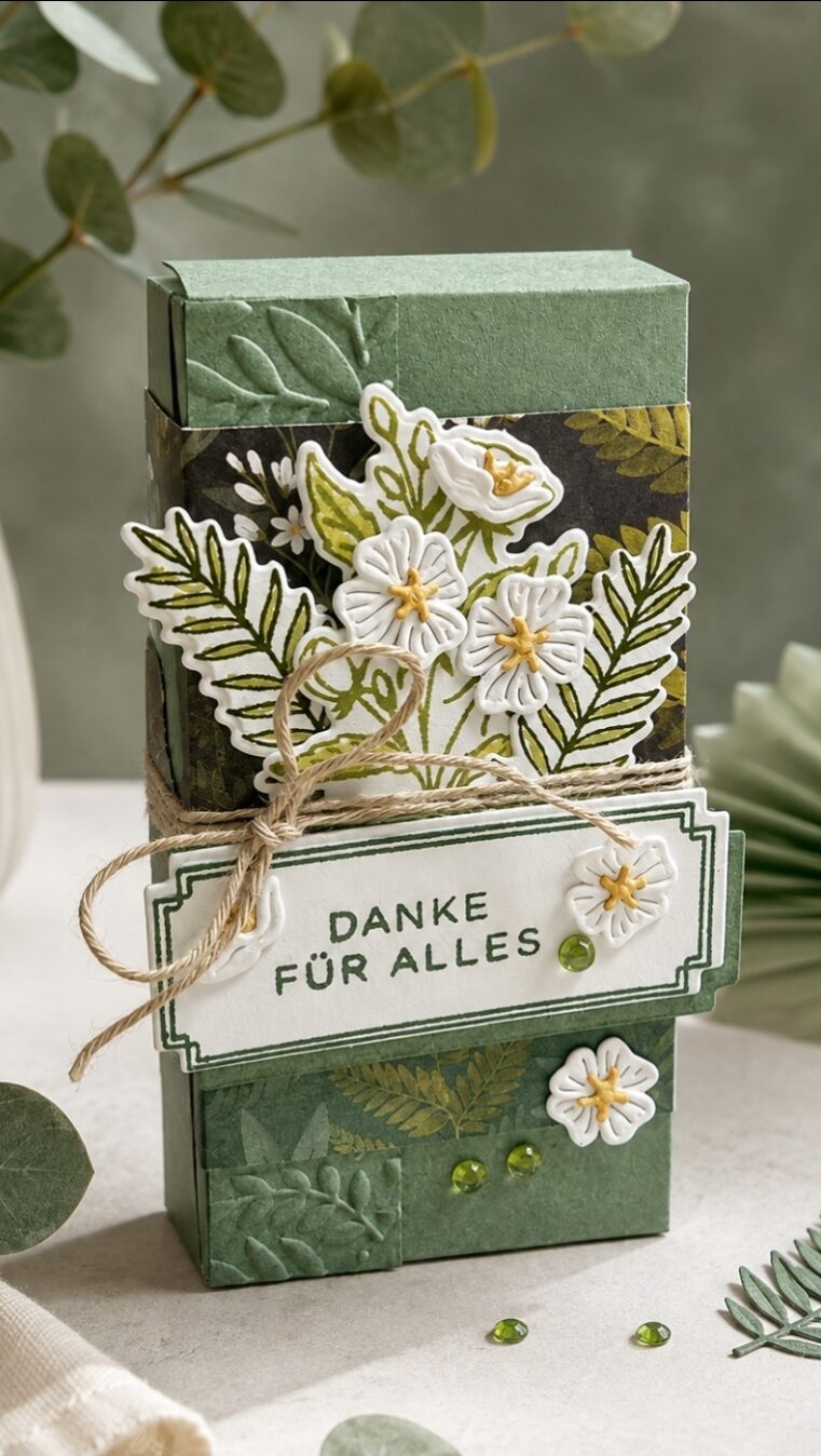 Grüne Geschenkbox mit weißen Blumenverzierungen, einer Schleife aus Bindfaden und einem Etikett mit der Aufschrift „DANKE FÜR ALLES“ auf der Vorderseite, platziert auf einem neutralen Untergrund und umgeben von grünen Blättern – eine bezaubernde Kreation, inspiriert von „Mach was draus“ vom 26. August.