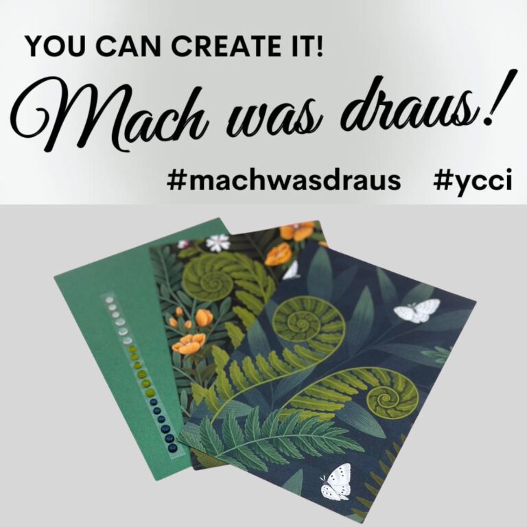 Unter dem Text „Du kannst es schaffen! Mach was draus!“ sind drei illustrierte Karten mit Pflanzen- und Schmetterlingsmotiven zu sehen. Lass dir die inspirierenden Ideen von „Mach was draus“ am 26. August nicht entgehen. #machwasdraus #ycci.