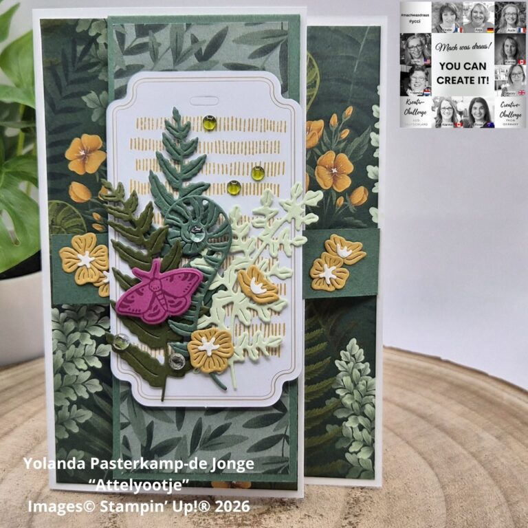 Handgefertigte Karte mit grünem Blumenhintergrund, mehrschichtigen, ausgestanzten Blättern, gelben Blumen und einem violetten Schmetterling. Das Design eignet sich perfekt für die „Mach was draus – 26. August“-Challenge und zeigt in der oberen rechten Ecke einen Text sowie Schwarz-Weiß-Fotos von Frauen.