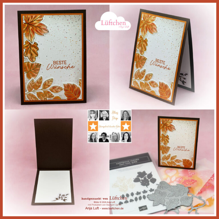 Handgefertigte Karte mit orangefarbenen Herbstblattmotiven und dem deutschen Text „Beste Wünsche“, präsentiert zusammen mit passenden Stanzformen und Papier aus der Kollektion „Stempelnd durchs Jahr“.