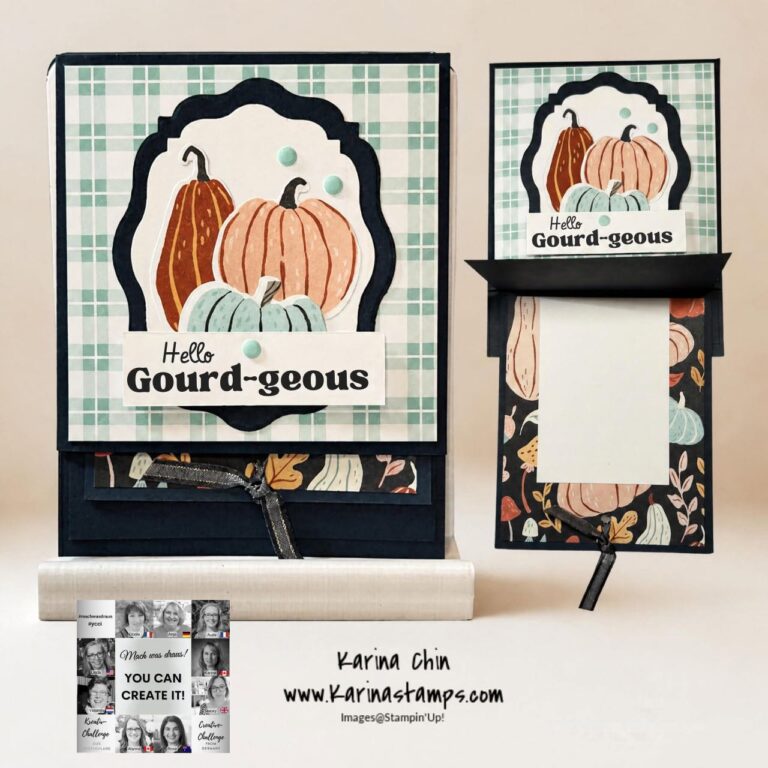 Handgefertigte Grußkarten mit Kürbismotiven, karierten Hintergründen und dem Schriftzug „Hello Gourd-geous“. Unten finden sich Werbeinformationen zu „Mach war draus“ vom 26. September und zu Karina Chin.