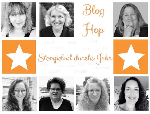 Eine Collage aus sieben Porträts mit den Texten „Blog Hop“ und „Stempelnd durchs Jahr Herbst 2026“ vor einem Hintergrund, auf dem die Monate aufgeführt sind.
